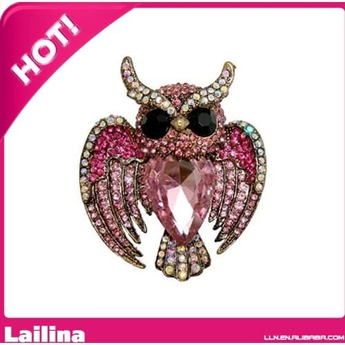 Lovely Owl Bird Pendant Gold-Tone Brooch Pin Pink Crystal Jewelry