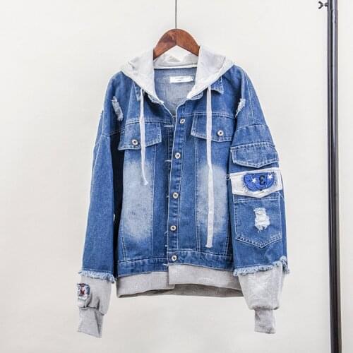 Spring and Autumn Womens fake two small fresh hole embroidery denim jacket hooded short paragraph loose jacket