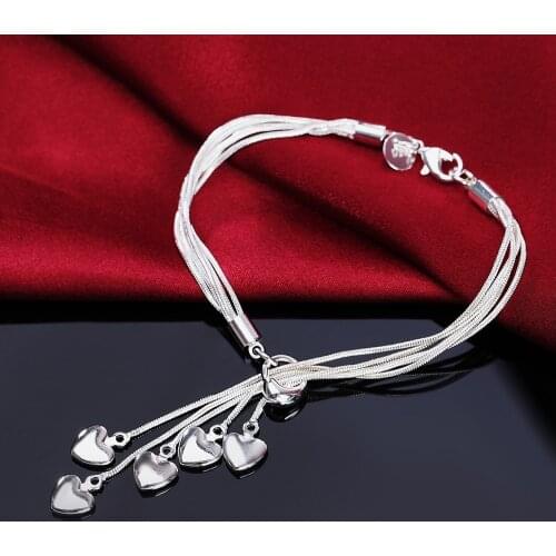Hot new 925 Silver Bracelets fine Snake bone chain hanging heart for women Wedding party Gifts high quality Fashion Jewelry 20cm