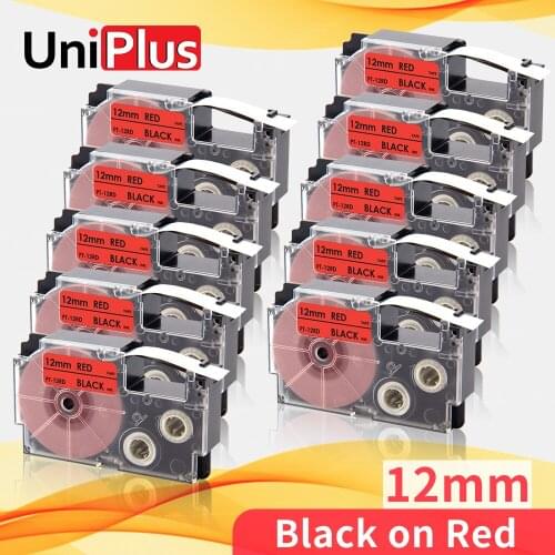UniPlus 10PK 12mm Labeling Tape Black on Red Compatible Casio Label Maker XR12RD XR-12RD Printer Ribbon for Casio Labeller KL100