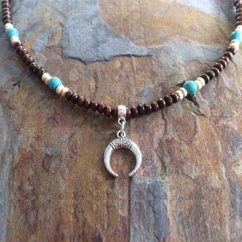 Mens Turquoise necklace, ox horn, wooden beaded necklace