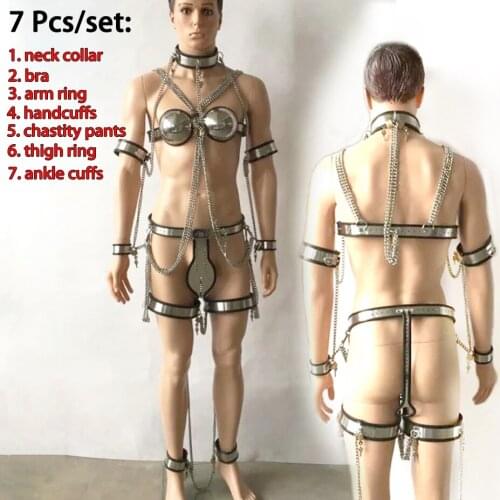 Stainless steel male chastity belt 7 Pcs/set hand leg cuffs collar bra bdsm bondage chastity device cock cage sex toys for men