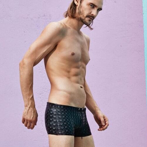 New Leather Boxer Black Swimming Trunks Fashion 3D Reflective Beach Lace-up Shorts Swimsuit Men Sunga Surfing Mature Man Bathing