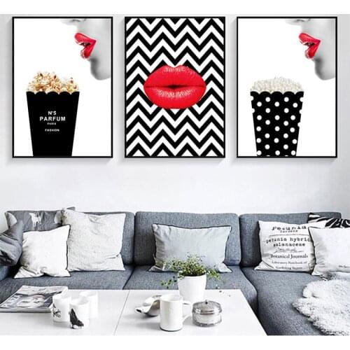 Sexy Red Lips Make Up Painting Black and White Wall Art Posters Gallary Wall Decor Canvas Vintage Wall Painting No Framed