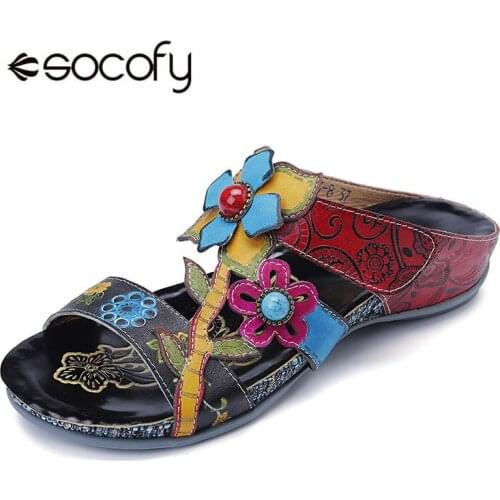 SOCOFY Bohemia Genuine Leather Splicing Hand Painted Floral Adjustable Hook Loop Soft Sandals Summer Shoes Woman Retro Sandals