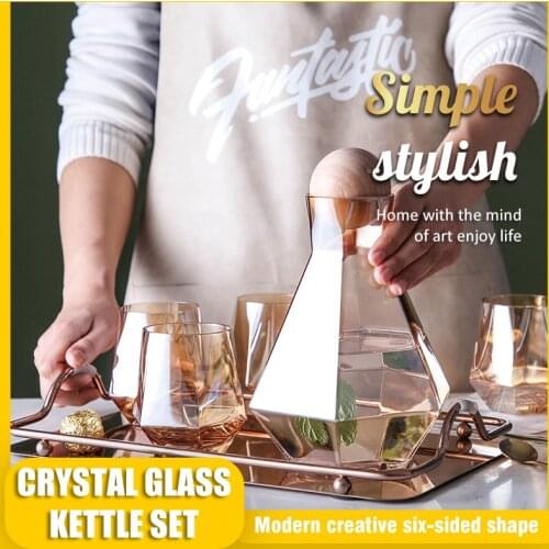 Household Six-sided Crystal Glass Water Bottle Set Juice Jug Wooden Ball Fresh and Simple Large-capacity Diamond Cup Flagon