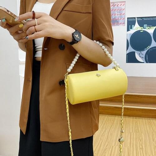 PU Leather Baguette Women‘s Bag Pretty Bead Solid Small Female Shoulder Bags Summer White Yellow Versatile Ladies Handbags Black