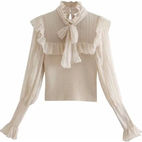 2020 Fashion High Neck Bow Tied Long Sleeve Ruffle Blouse Women Contrast Organza Patchwork Cropped Knitted Sweater