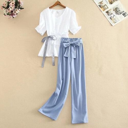 Women 2021 Summer New Fashion Two-piece Suits Female Solid Color V-neck Tops Ladies Loose Casual Bow Wide-leg Pants Sets K40