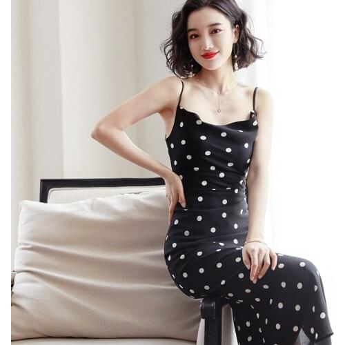New Spring And Summer Womens Sleeveless Polka-Dot Printed Slim Sexy Suspender Dress side Split fork Party Slim black Dresses