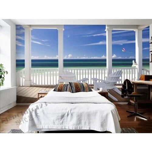 The custom 3D murals,the Mediterranean Sea out of the window , the living room sofa TV wall bedroom background wall paper