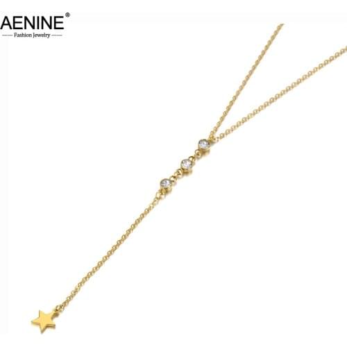 AENINE Titanium Stainless Steel CZ Crystal Star Charm Choker Necklaces Office Style Pendant Chain Necklace For Women AN20126