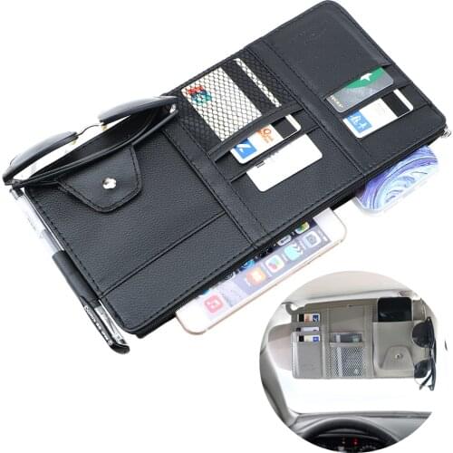 Sun Visor Storage Pouch With Zipper Multifunctional Sun Visor Bill Card CD Phone Holder Storage Box Leather Sunglasses Clip