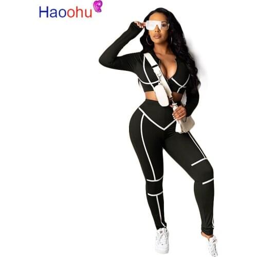 HAOOHU Casual Sport Women Set Two Pieces Set Tracksuit Long SLeeve Crop Tops Pencil Jogger Sweatpant Suit Outfit Matching Set