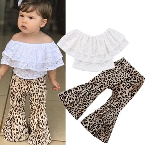 Summer Fashion Kids Girls Clothes Sets Lace Off Shoulder T Shirts Leopard Printed Flare Pants Sets