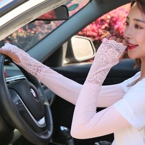 Summer Women UV Sunscreen Lace Ice Silk Thin Long Sleeve Elastic Touch Screen Driving Glove Half Finger Sport Cycling Mitten M56