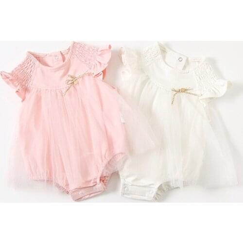 Summer new baby net yarn stitching jumpsuit golden decoration climbing clothes bag fart romper