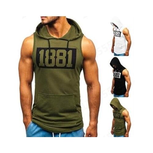 Fashion Sexy Bodybuilding Sports Tank Tops Men Muscle 1881 Print Sleeveless Hooded Pocket Tight-drying Tops Handsome Male Vest