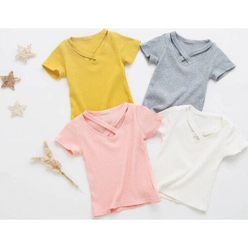Fashion baby girls Tops T-shirt Solid V-Neck Short Sleeve Tight Crop Tops Cotton T-Shirt Casual Summer Tops Tees Clothing