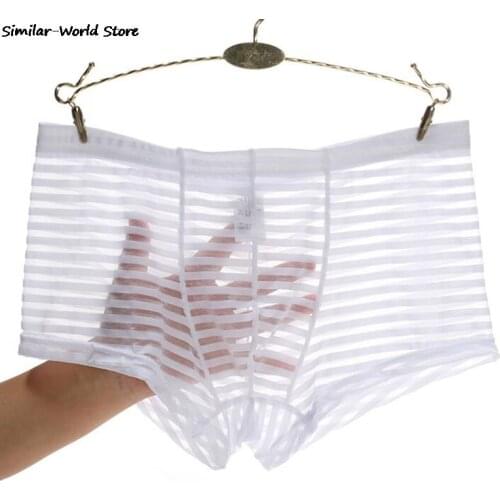 Men Underwear Boxer Stripe Mens Mesh Transparent Boxer Low Waist Ultra Thin Ice Silk Sexy Breathable Underwear
