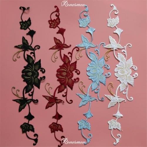 1Pc Long Floral White Black Blue Applique Clothing Embroidery Patch Fabric Sticker Iron On Patch Craft Sewing Repair 39X15cm