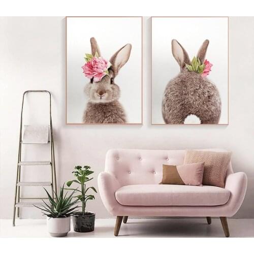 Nordic Cartoon Animal Rabbit Picture Childrens Room Decoration Canvas Painting Bedroom Dining Room Art Wall Home Decor Poster