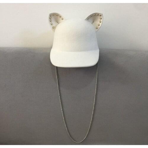 New elf rivet chain minus age baseball lovely white cat ear wool? Face little equestrian cap tide Baseball Caps