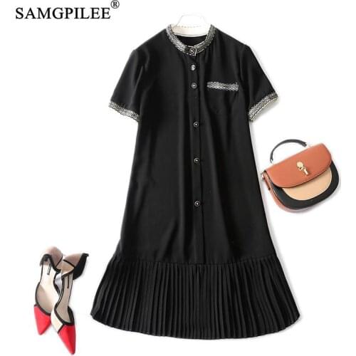 Pleated Dress 2021 Summer New Short-sleeved Stand Collar Single-breasted Ol Style Thin Knee Length Women Dress Plus Size 4XL
