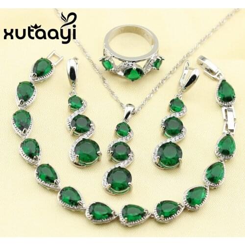 XUTAAYI Fetching Alluring Green Imitated Emerald 4PCS Jewelry Set Sterling Silver Earrings Ring Necklace Pendant Bracelet