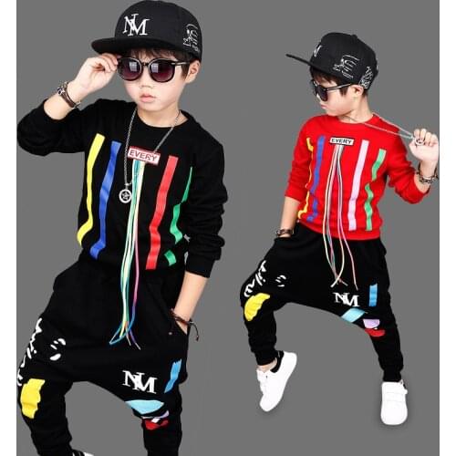 High quality 2018 autumn winter fashion black red T-shirt+pants children set kid suit girl boy clothing set for 4-14 years