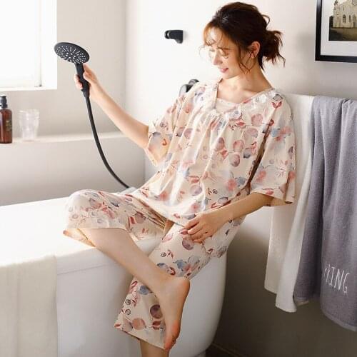 Plus Size Pajama Women Sleepwear Pajamas Ladies Summer Modal Short-sleeved Cropped Pants Small Floral Home Suit Sleepwear Women