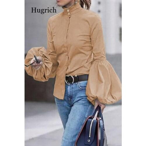 Womens Blouse Shirts Spring Autumn Casual Plus Size Long Wide Lantern Sleeve Button Elegant Slim Office Fashion Tops 3XL