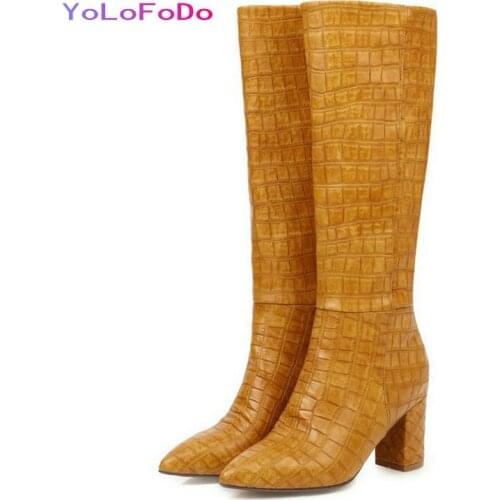 2021 Autumn Winter Women Knee High Boots Stone Print PU Leather Square Heel Boots Slip on Pointed Toe Boots for Women Big Size