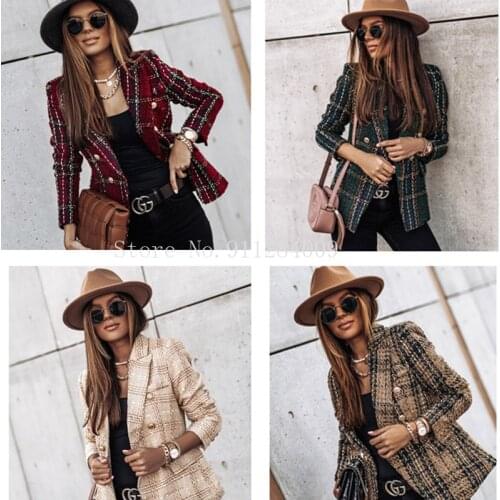 Long-sleeved Women Plaid Double Breasted Button Fashion Jacket Slim All-match Office OL Professional Work Plus Size Casual Suit