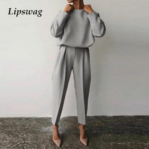 Casual O-Neck Pullover Tops And Solid Long Pants Outfits Fashion Elegant Office Lady Suits 2021 Women Two Piece Sets Streetwear