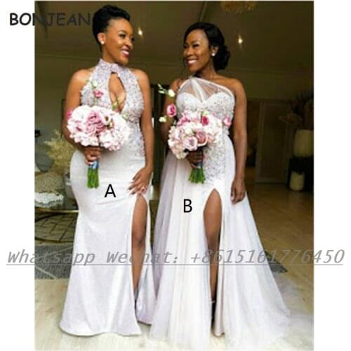 2021 Ivory Mermaid African Bridesmaid Dresses Lace Halter Appliques Split Satin Bridesmaid Dress for Women Wedding