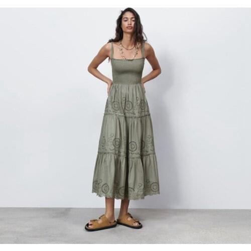 ZA 2021 Elegant Hollow Out Midi Dress Women Summer Embroidery Slash Neck Sleeveless Spaghetti Strap bodycon slim Party Dresses