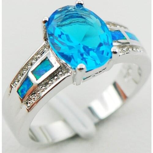 Blue Crystal Zircon White Fire Opal 925 Sterling Silver Woman Ring Size 6 7 8 9 10 R1181