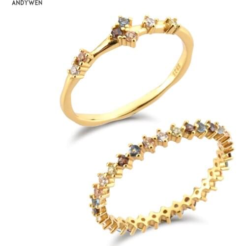 ANDYWEN 925 Sterling Silver Gold Five Gold Ring Full Zircon CZ Lady Bird Ring Women Wedding Jewelry Rock Punk Round Jewelry