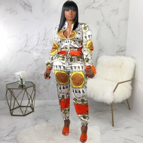 Womens See Through Bodysuit One Piece Deep V-neck Zipper Digital Print Suit Club Suit Jumpsuit Spring Autumn