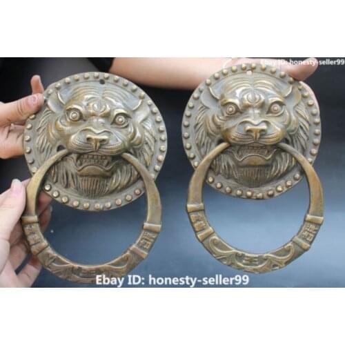 8" Chinese Fengshui Bronze Lion Leo Head Knocker Door Knocker Pair Statue Healing Medicine Decoration 100% Brass Bronze