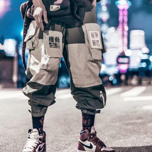 Patchwork Pockets Cargo Long Pants Men Ribbons Harajuku Hip Hop Sweatpant Male Joggers Track Streetwear Techwear Casual Trousers