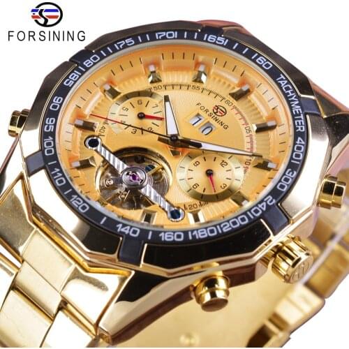 Forsining Golden Stainless Steel Multifunction Fashion Tourbillion Calendar Luminous Hands Men Automatic Watch Top Brand Luxury