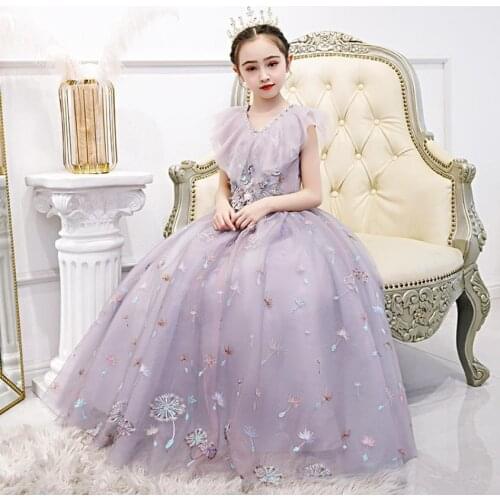 Children Carnival Costumes Sequines Beading Sleeveless V-Neck Kids Catwalk Evening Gown Baby Girl Bridesmaid Wedding Dress L923