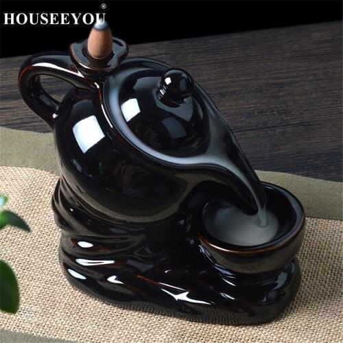 Creative Teapot Design Backflow Incense Cones Burner Incense Holder Ceramic Aroma Censer Home and Office Decoration Teahouse
