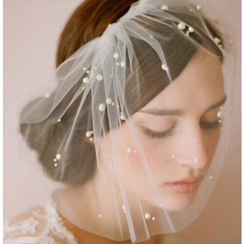 Bridal Short Veil, Pearl Wedding Veil, Chapel Tulle Veil, Wedding Hair Accessories, Soft Tulle Hair Piece, Pearl Bridal Accessor
