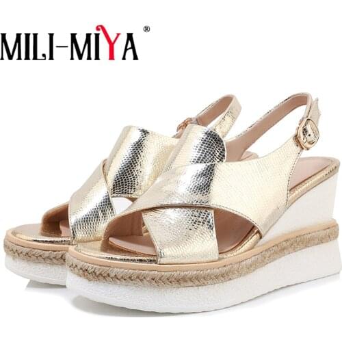MILI-MIYA Fashion Wedges Women Genuine Leather Sandals Buckle Strap Platform Round Toe Solid Color Dress Party Summer Shoes