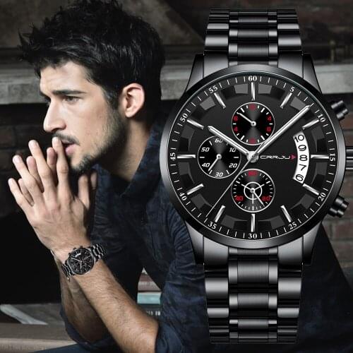 NEW Fashion CRRJU Mens Casual Sports Slim Waterproof Watch Luxury Brand Chronograph Date Full Steel Mesh Wristwatches Best Gift