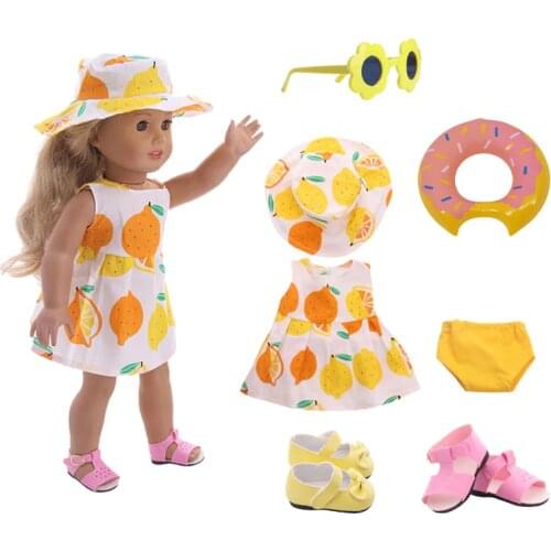Doll Clothes Yellow Lemon Cool Summer Suits = Dress+Hat & Sandals For 18 Inch American&43Cm Baby New Born Doll