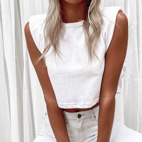 Solid Knitted Cotton Crop Tops Womens T-shirt Sleeveless O-neck Padded Pullover Female T-shirts 2021 Summer Lady Streetwear Top